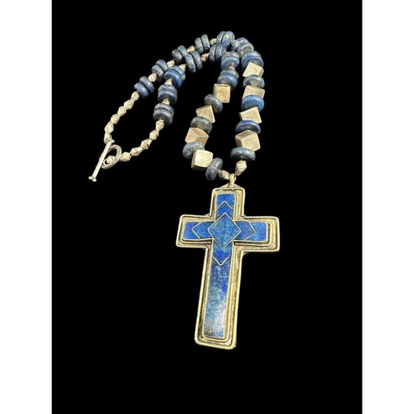 Vintage Lapis Lazuli Cross Necklace Silver Plated Geometric Beads Dangle Ethnic - Picture 3 of 7